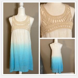 SAND & SPIRIT Beachy Crocheted DressSleeveless White Turquoise Ombre Keyhole S